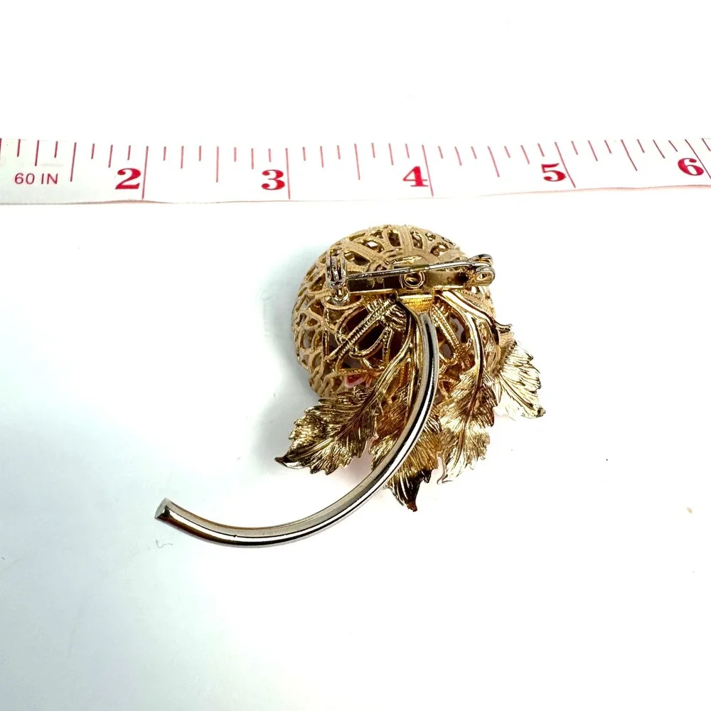 Vintage Gold Tone Purple Rhinestone Pink Enamel Leaf Floral Filigree Brooch Pin